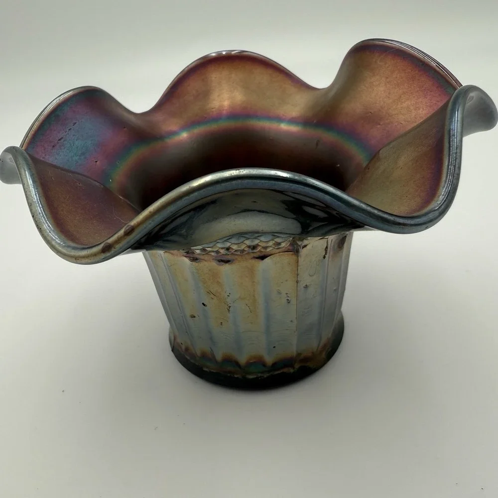 Northwood Amethyst Carnival Glass‎ Hat Case Lustre Fluted Diamond Trim Ribbed